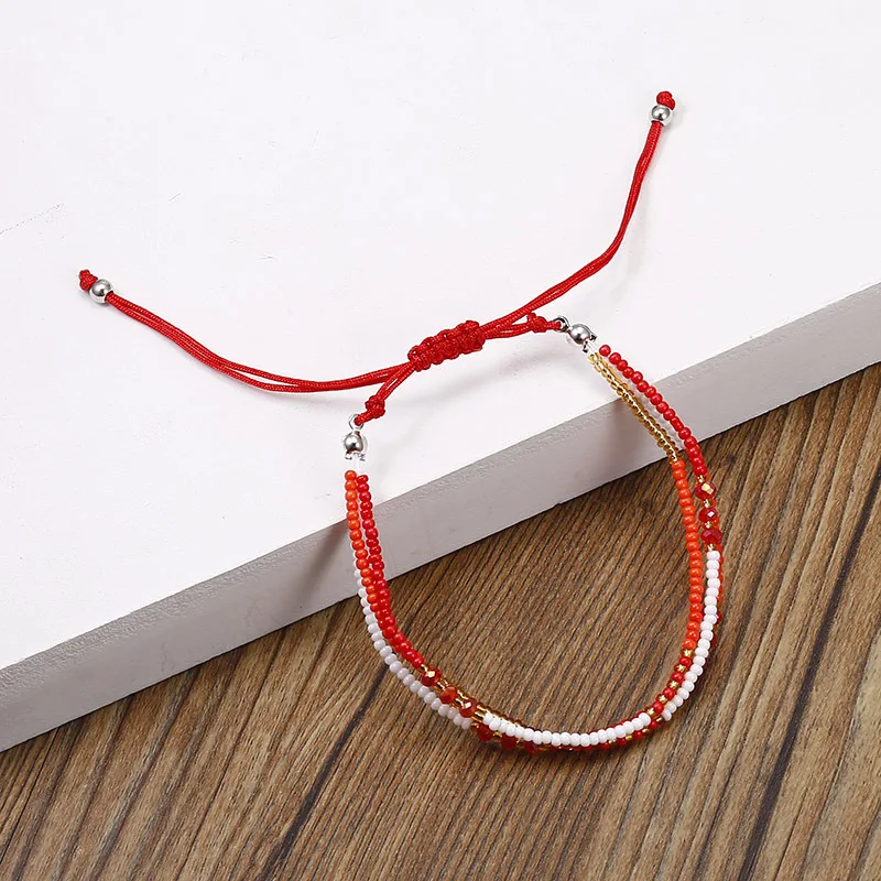 Red String Three-layer Multicolor Glass Seed Beads Handmade Adjustable Bracelet Women Orange White Corlorful Surf Jewelry Gift