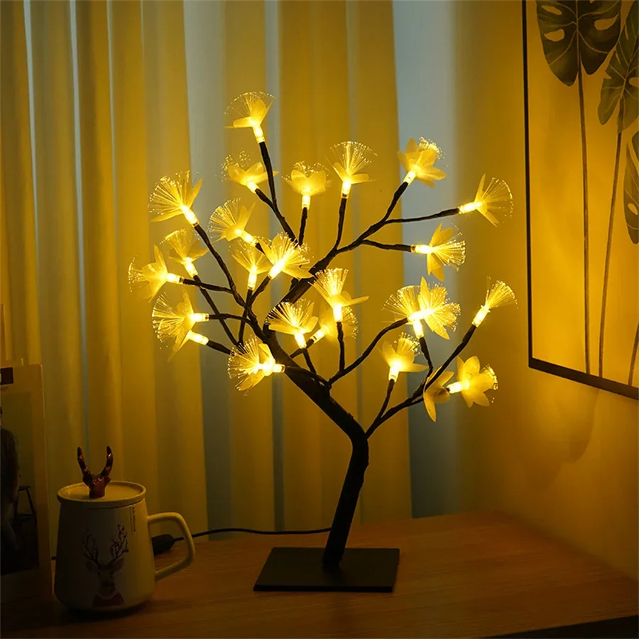 Luz LED de árbol de flores de fibra óptica, 60CM, 24 luces LED alimentadas por USB, lámpara de árbol de espíritu, luz de árbol bonsái para decoración de mesita de noche de escritorio