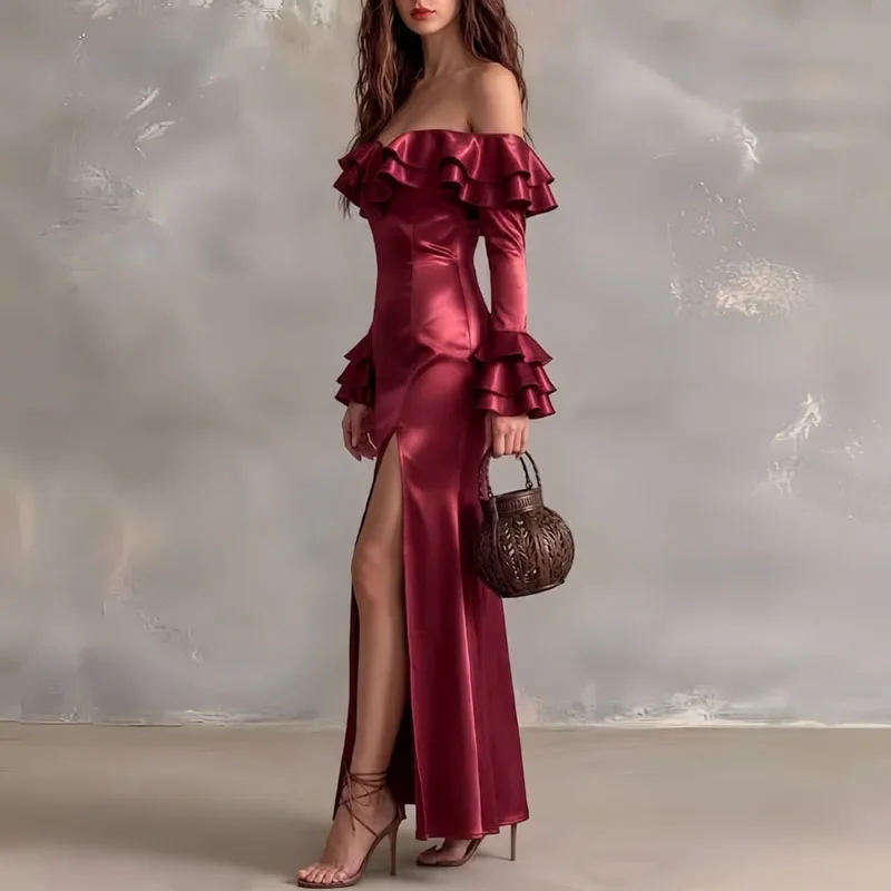 Women Tube Top Satin Mermaid Maxi Dress Off Shoulder Double Ruffle Long Sleeve High Side Slit Dress Formal Guest Prom Party Gown