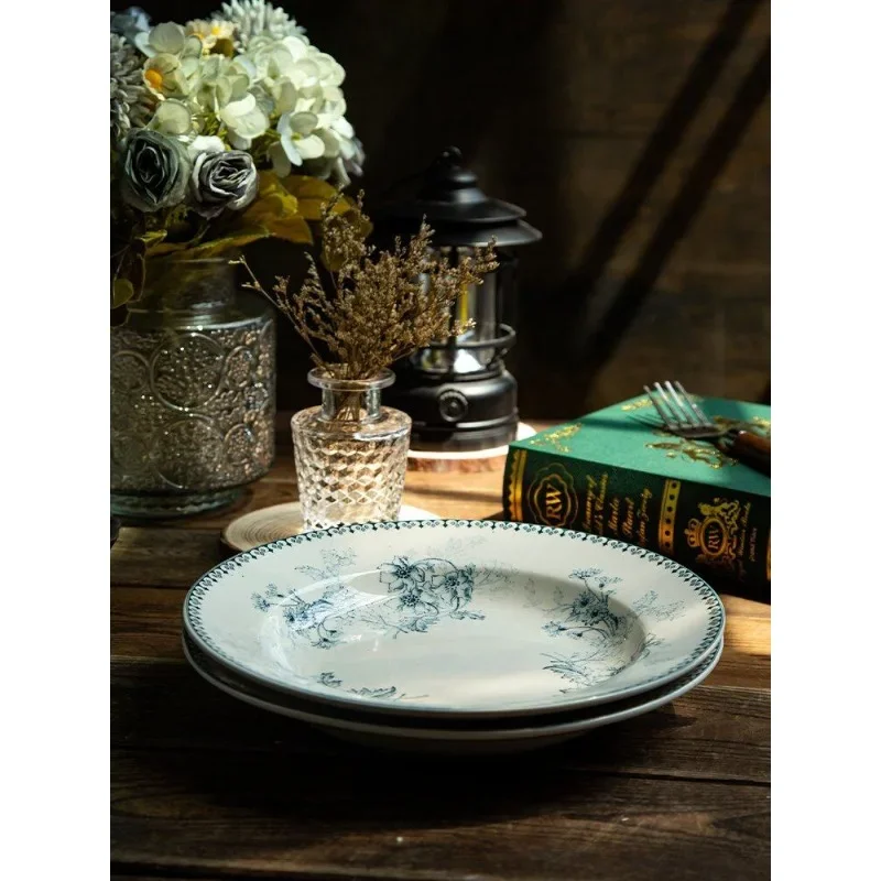 2-piece Vintage Floral Pattern Ceramic Bowl, Elegant Blue Print Tableware, Creative Home Kitchen Serving Bowl Gift for Daily Use
