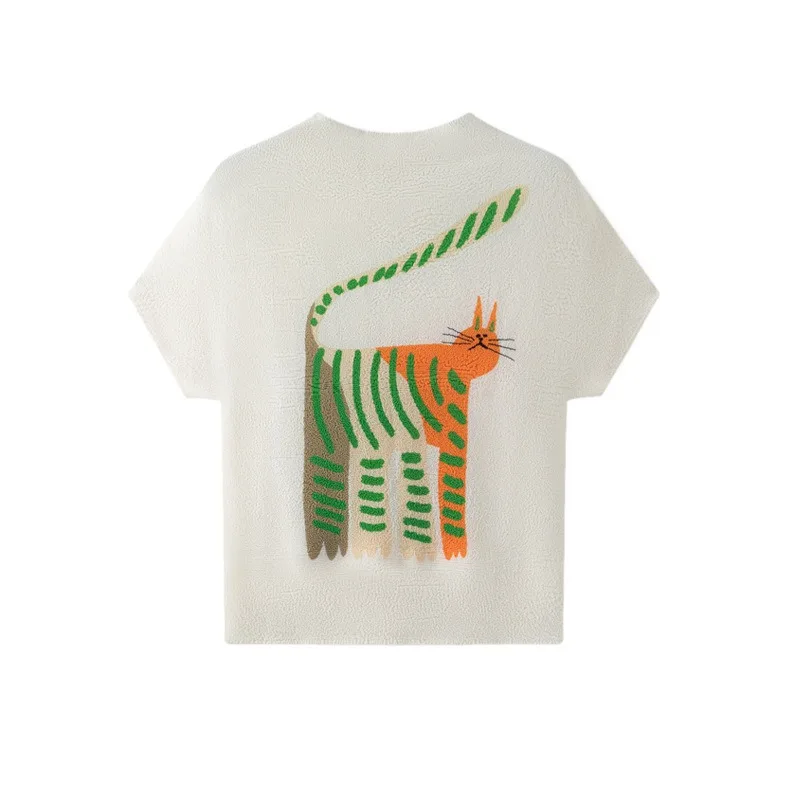 Miyake Pleated T-Shirt for Women New Summer 2026 Round Neck Pleated Elegant Casual Versatile Cartoon Cat Top for Women Pleat