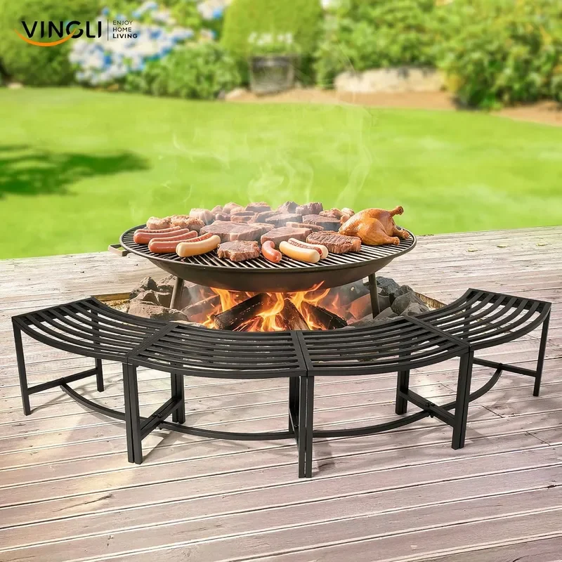 Outdoor Metal Curved Bench Weatherproof Fire Pit Bench Set of 4 Heavy Duty Steel Backless Benches Metal Outside Seating for