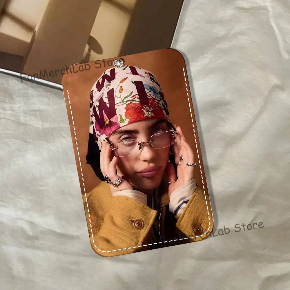B-BillieS Singer E-Eilish Pattern 1Pc PU Leather Card Holder Keychain Key Ring Door Lock Access Tags ID Card Case Keychain Card