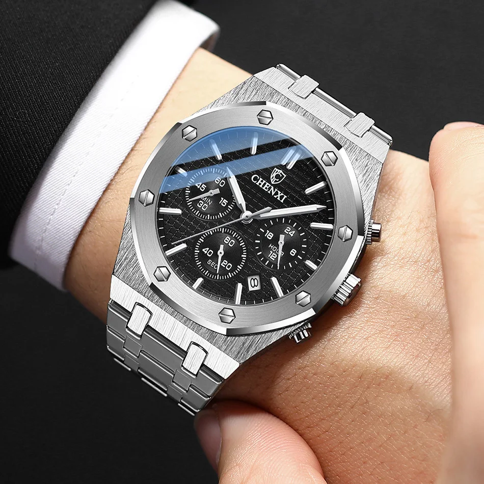 Chronograph Men Watches Stainless Steel Silver Waterproof Watch For Male Multi Function Calendar Brand Chenxi Business Clock