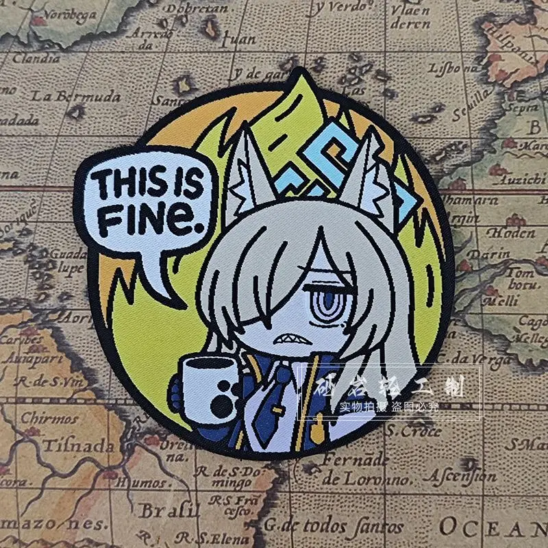 Blue Archive Tsurugi Kana Morale Patch, This Is Fine Meme Woven Hook & Loop Patch for Backpack Vest Hat Anime Collectible Badge