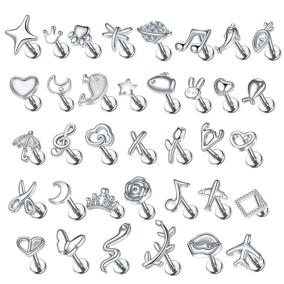 1PC Steel Moon Lighting Labret Bar Rings Crystal Flower Tragus Cartilage Piercing Rook Lobe Ear Helix Piercing Screw Fit Top 16g