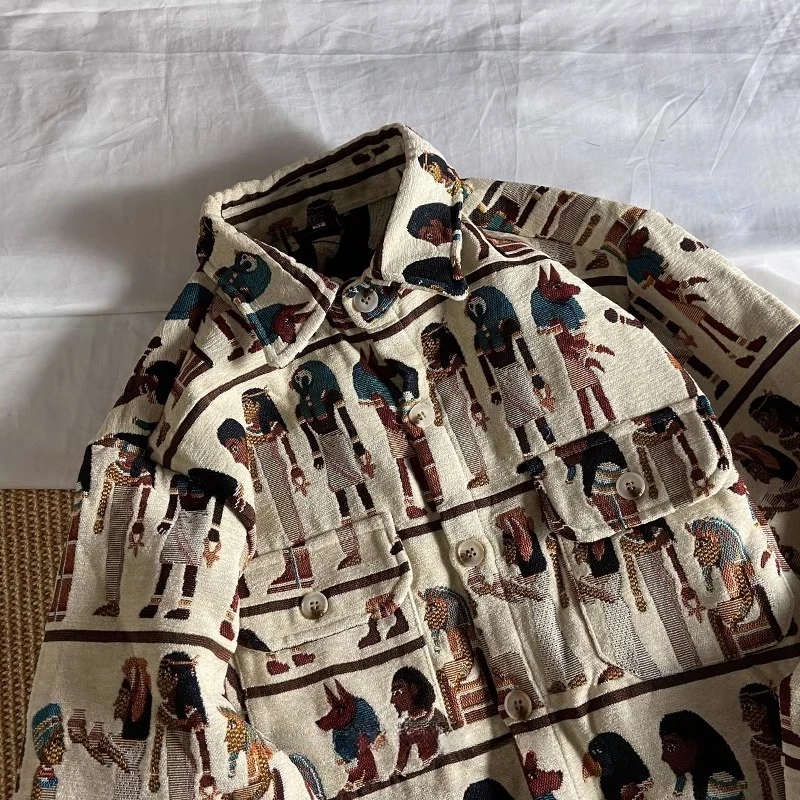 2025 Spring and Autumn New Embroidered Black Shirt Japanese Retro Style Men's Apricot Turn-down Collar Long Sleeve Loose Shirt