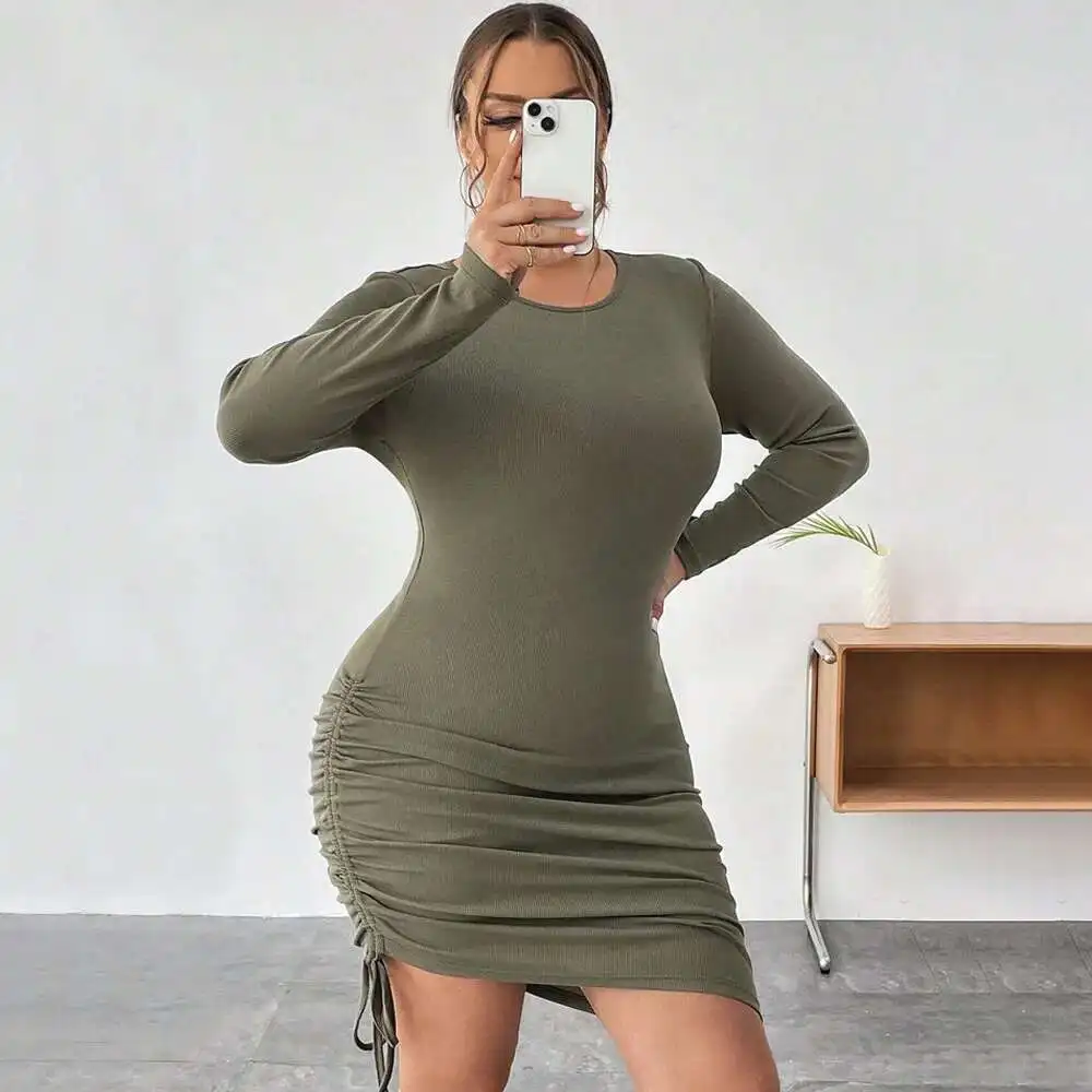 

Fashionable Slim Fit Round Neck Long Sleeved Standard Size Solid Color Drawstring Side Pleated Slim Fit Irregular Dress Y2k
