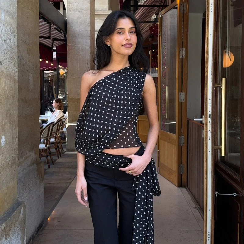 

Women'S Summer New Sexy Slanted Neck Polka Dot Chiffon See Through Irregular Top