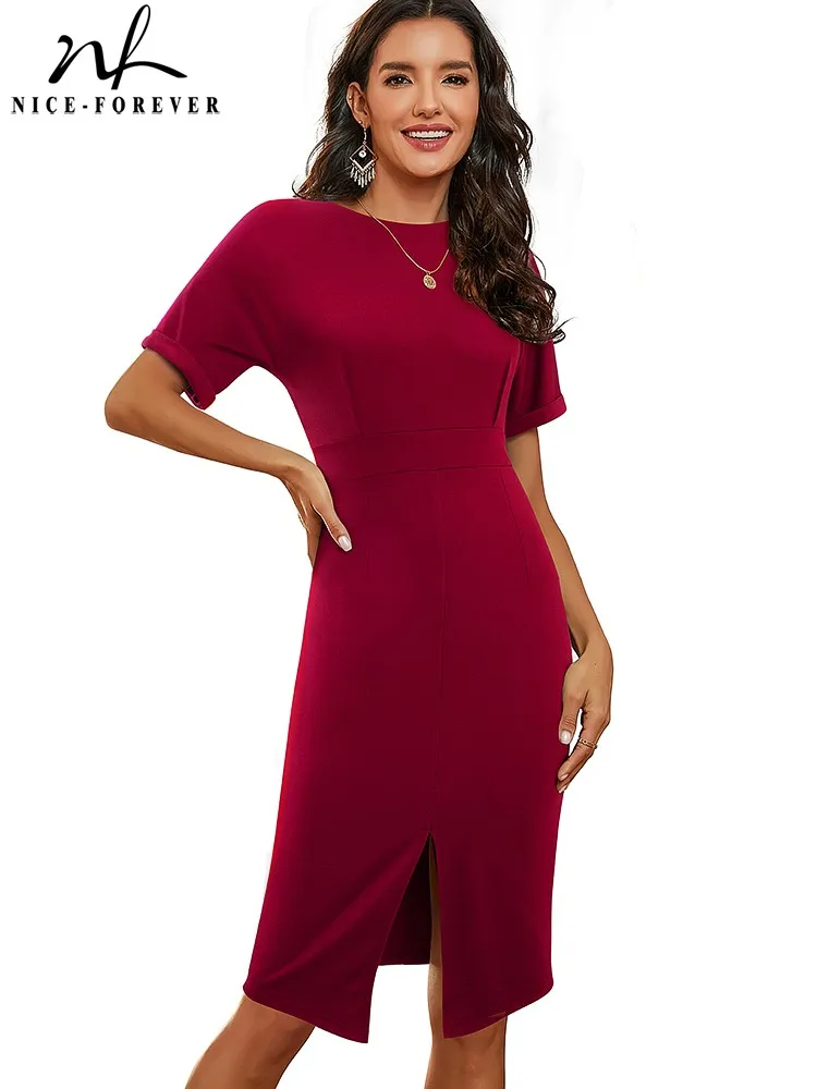 Nice-Forever Summer Women Classy Solid Color with Split Work Dresses Formal Business Elegant Vintage Bodycon Dress B641