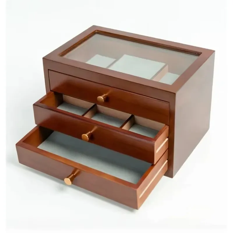 Qingchuan three-layer environmentally friendly wooden cosmetic storage box with glass top and brass knob, made in Shandong