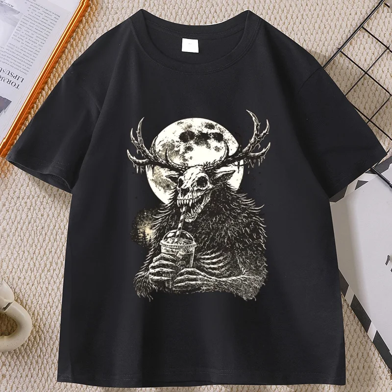 

Wendigo Moon Coffee T-Shirt Sarcastic Dark Humor Tee Short Sleeve Graphic T Shirts Gothic Horror Clothes Unisex Streetwear