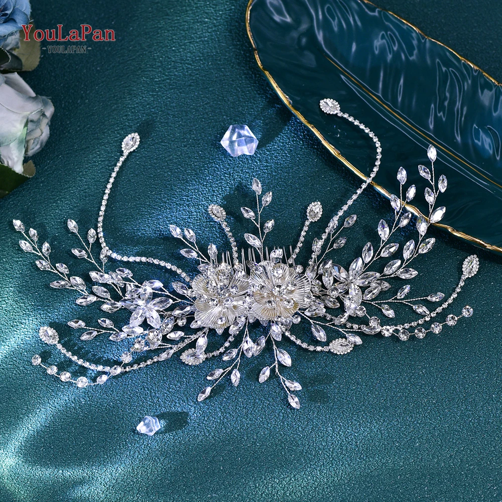 YoulaPan-Rhinestone Flor Pente De Cabelo para A Noiva, Casamento Festa Headwear, Bridal Acessórios, Ornamentos para Damas De Noiva Presente, Cor Prata, HP707