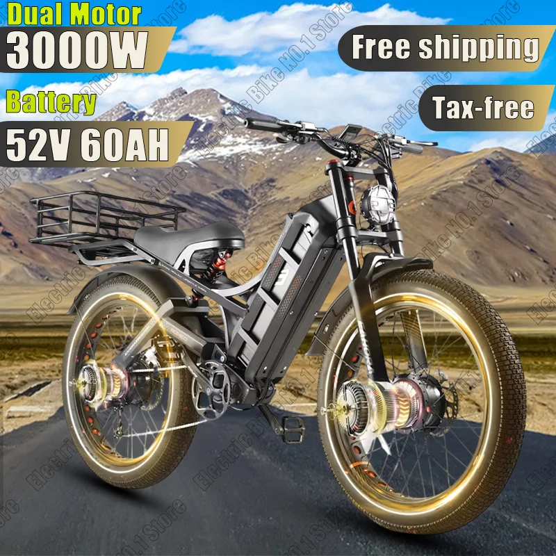 Romeo ProII EBike 3000W Dual Motor 48/52V 60Ah Hydraulic Disc Brakes Electric Bicycle 26*4.0 Inch Fat Tire Camping Electric Bike