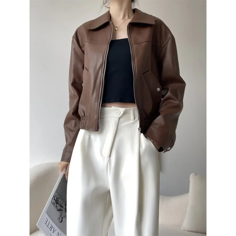 Faux Leather Jacket Women High Street Leather Coat Lady 2024 Autumn American Vintage PU Leather Jacket Small Motorcycle