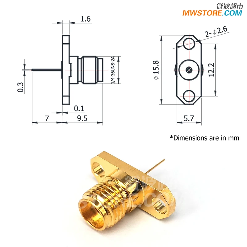 2.92mm Female Connector Double Hole Flange Hole Spacing 12.2mm Brass Gold Plated 40G 2.92-KFD0408B
