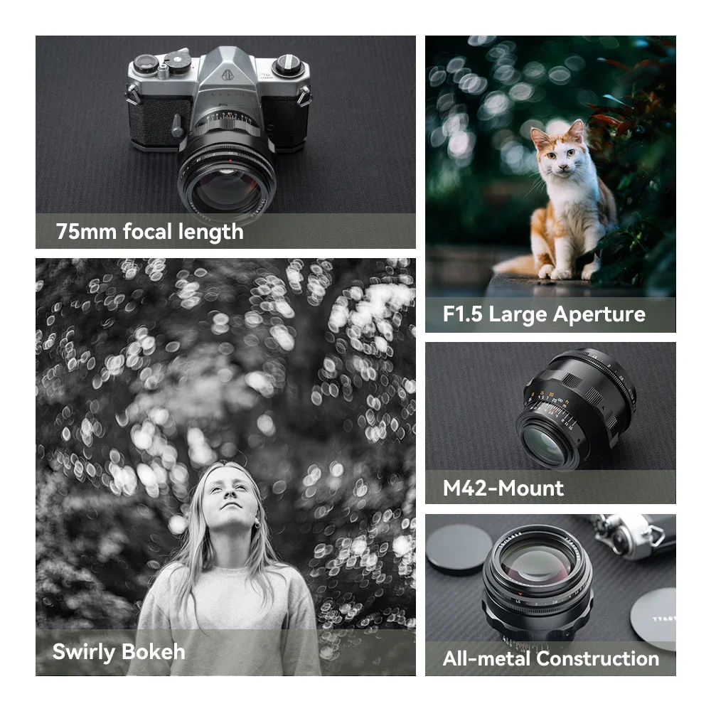 TTArtisan 75mm F1.5 Full Frame Camera Lens M42 Mount Manual Focus  Large Aperture Swirly Bokeh Magic Lens