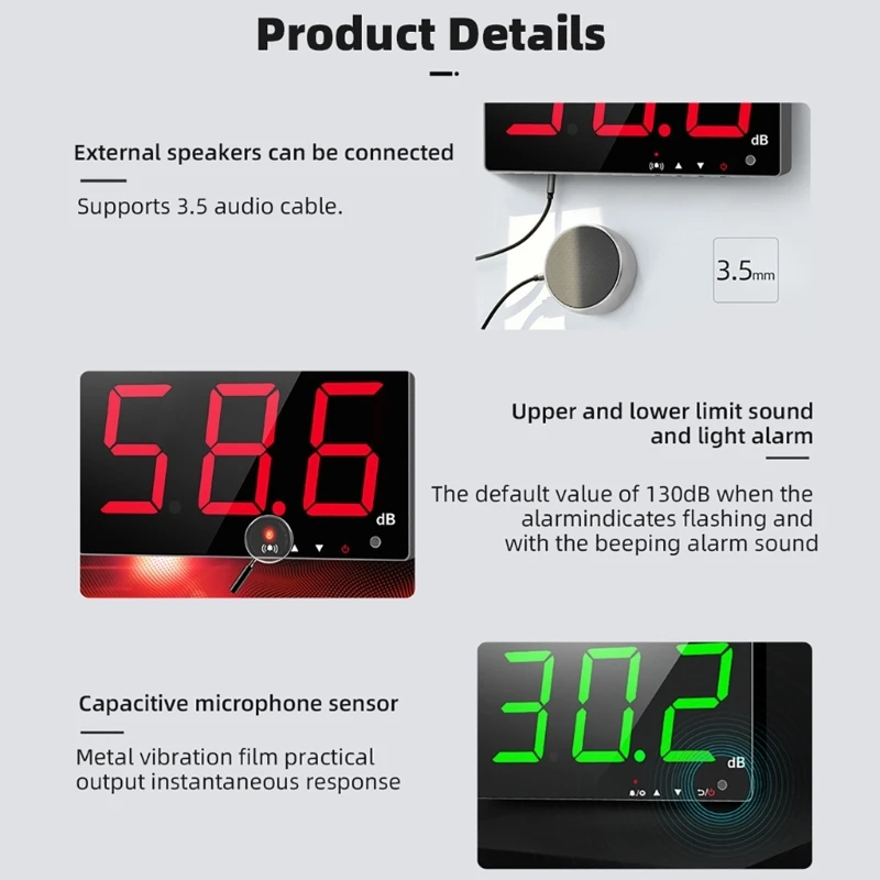 Sound Level Meter Tester 30-130db, 3Inch Screen LED Display Wall Hanging Type Decibel Noise Measuring with Alarm