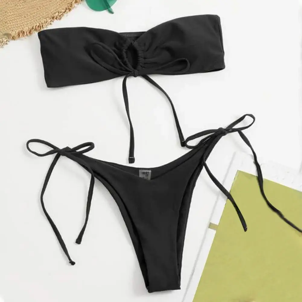 2Pcs/Set Women Sexy Bikini Set Round Ring Bandeau Tube Top Padded Bra Lace-up High Waist Briefs Set Split Design Swimwear