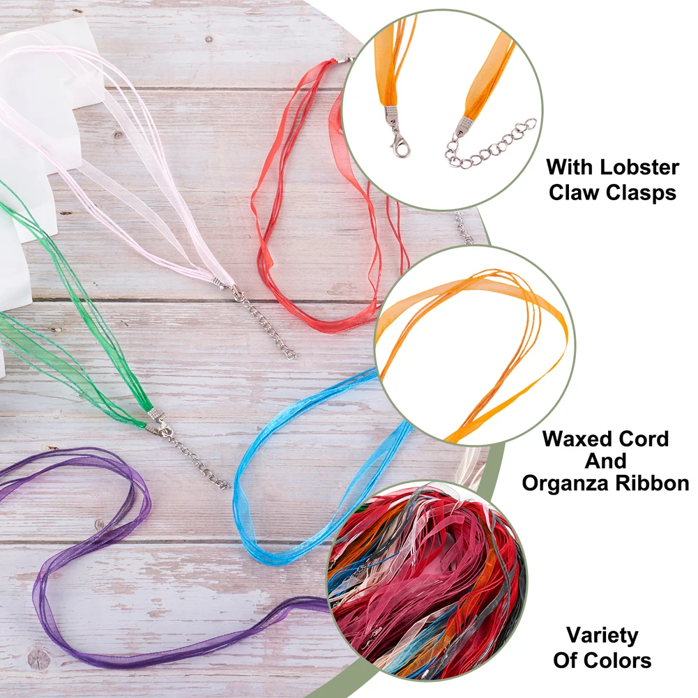 100pcs Waxed Cord and Organza Ribbon Necklace Making Supplies Accessories with Iron Lobster Claw Clasps 17.6