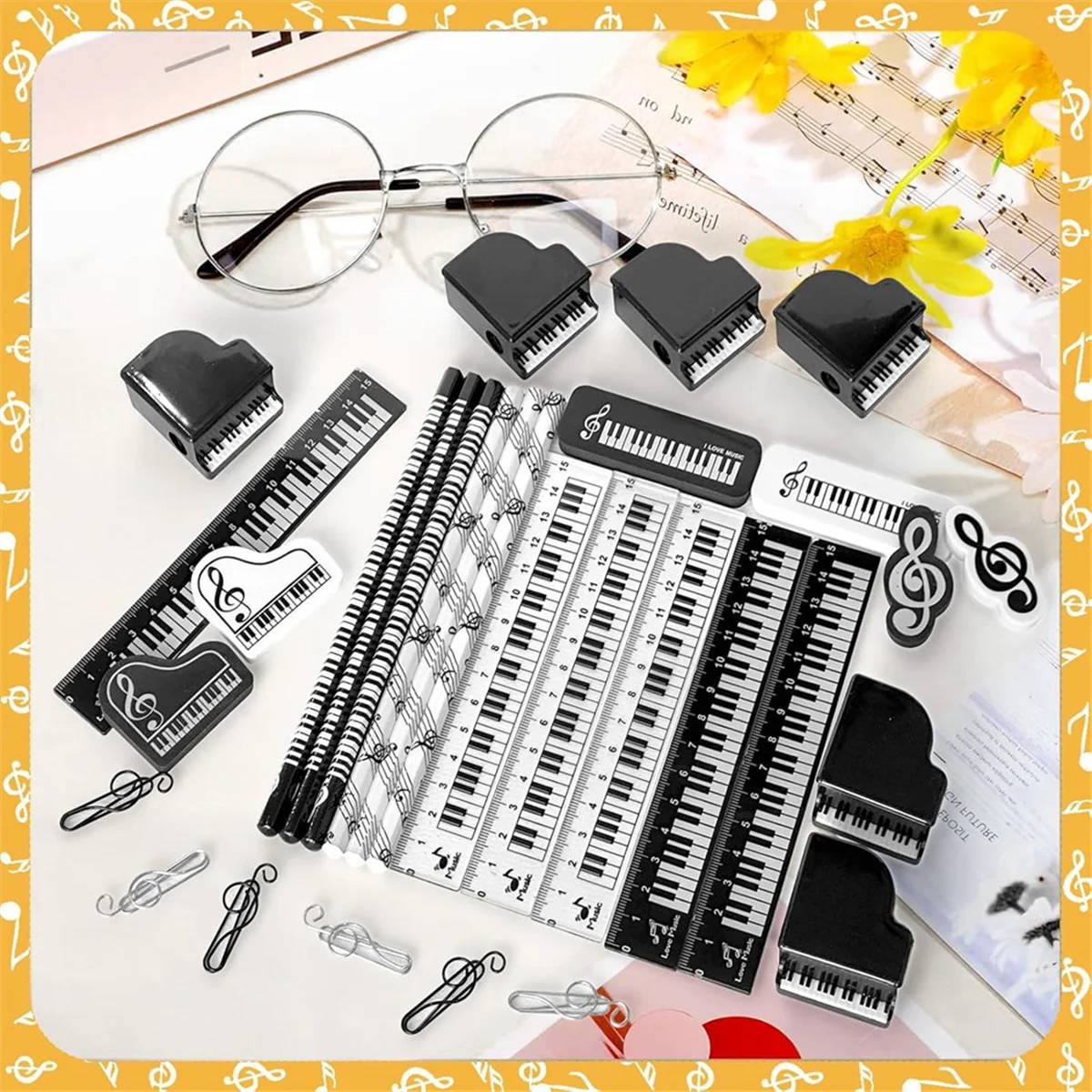 

AA98 30Pcs Music Party Favors Stationery Set Including Musical Notes Pencils Erasers Paper Clips Rulers and Pencil Sharpeners