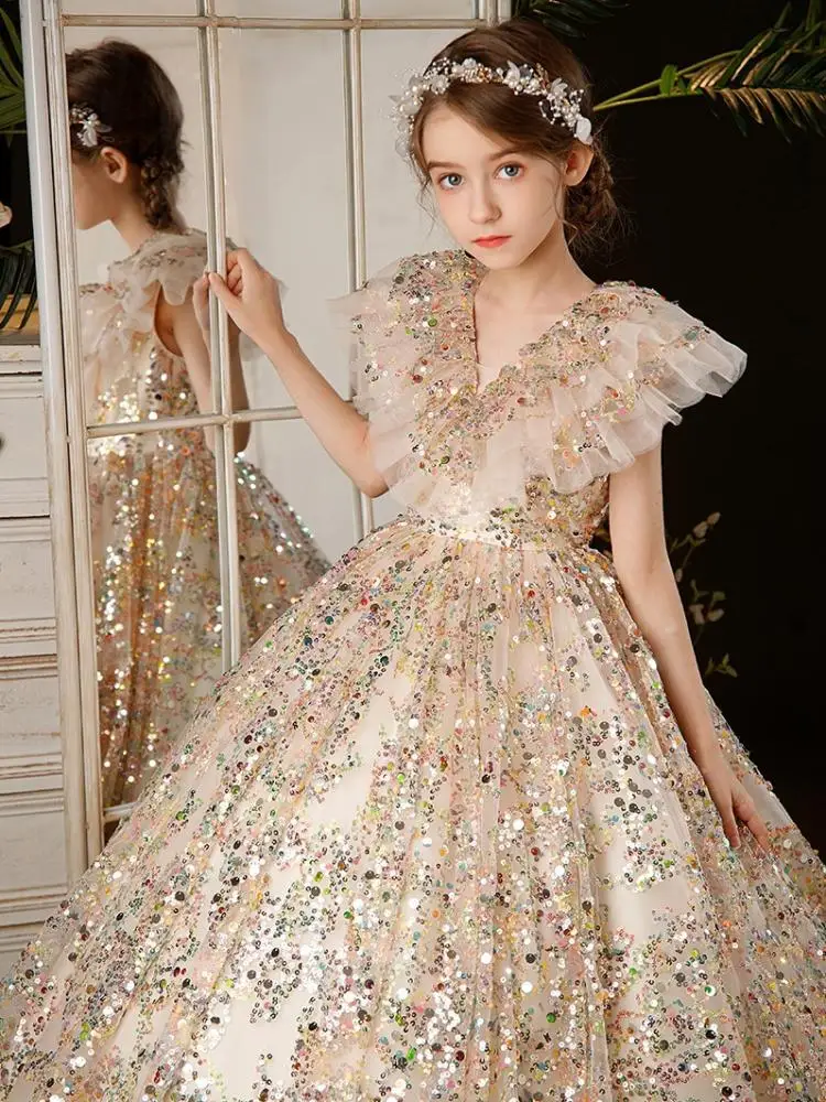 

2024 Evening Dress for Teens Girls Baby Girls Sequined V-neck Long Ball Gowns for Prom Parties Children First Communion Dresses