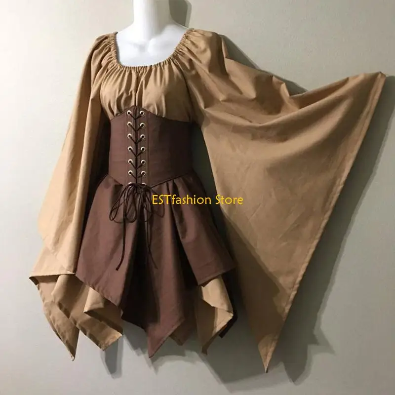 

Y5GC Womens Medival Trumpet Sleeve Patchwork Asymmetric Dress