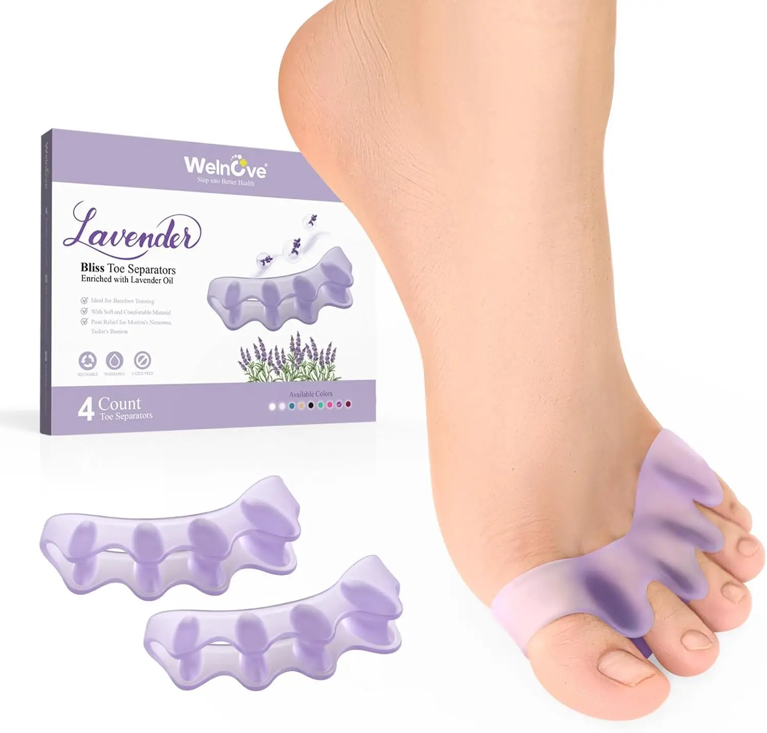 

Lavender Toe Separators & Bunion Corrector - 4 Pack for Women Men Yoga Practice