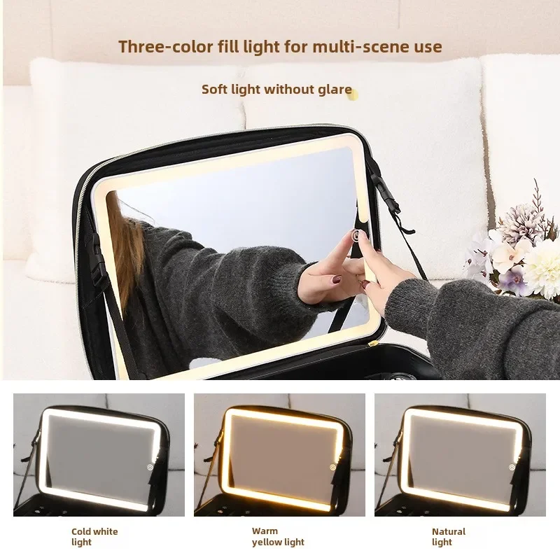 Cosmetic Bag Women's 2023 New Cosmetic Mirror Storage Box Integrated Portable Large Capacity Premium Suitcase with LED Light