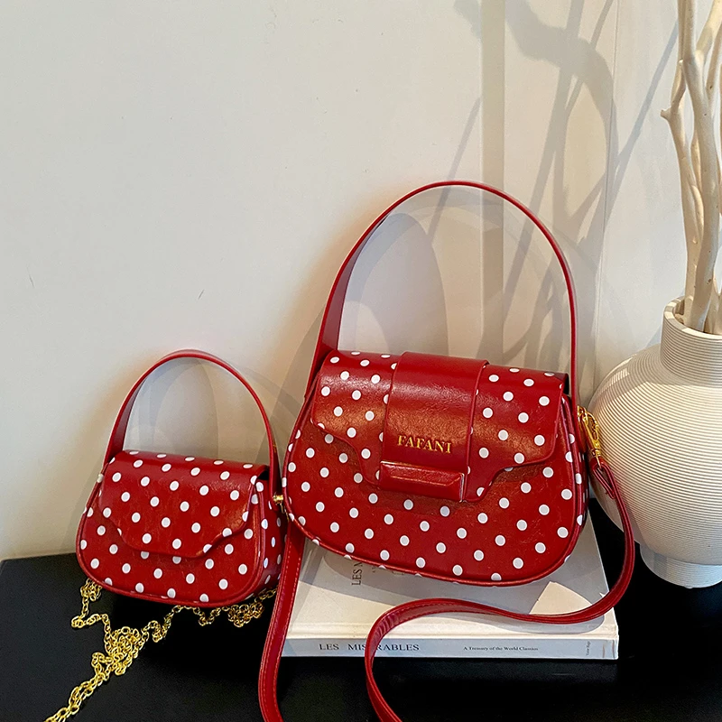 Y2k Fashion Sweet Polka Dot Handbag 2 Pocket Design Shoulder Bag Ladies Small Saddle Crossbody Bag 6 Colors Pu Leather Bolsas