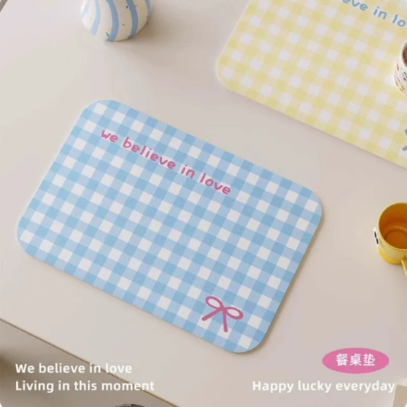 VIKAMA Pastel Check Bow Print Dish Drying Mat Non Slip Waterproof Quick Absorbent Coffee Table Kitchen Sink Pad