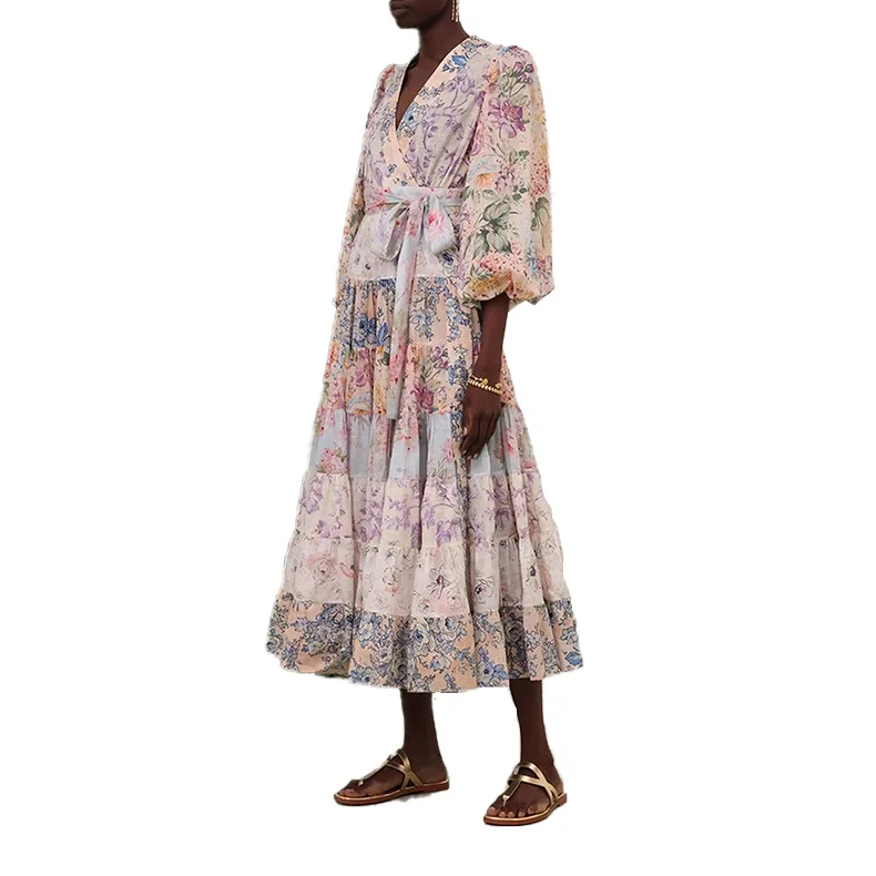 

Australian Designer V Neck Layered Hem Waist Long Dress Women Holiday Style