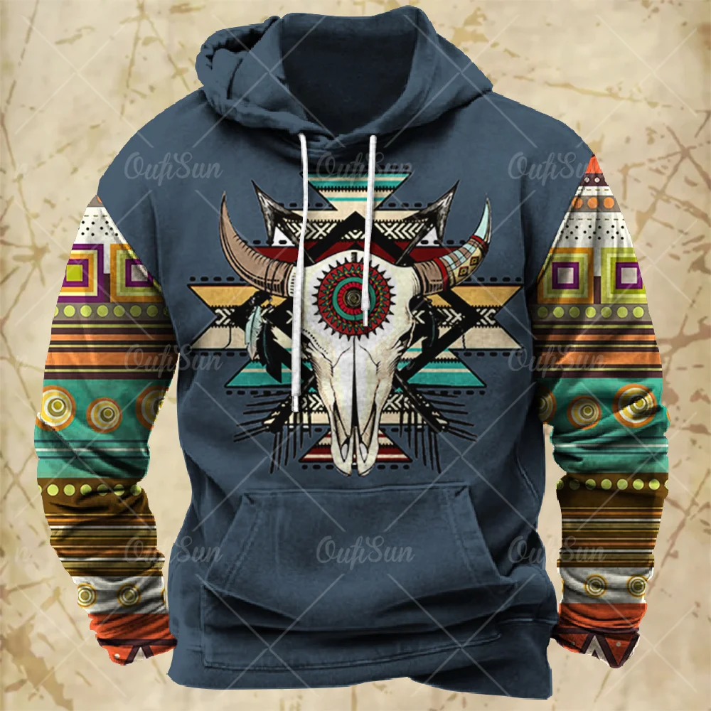 Men Hooded Vintage Print  Sweatshirt Ethnic Style Hoodie Autumn and Winter Oversized Casual Men\'s Clothing Daily Street Pullover