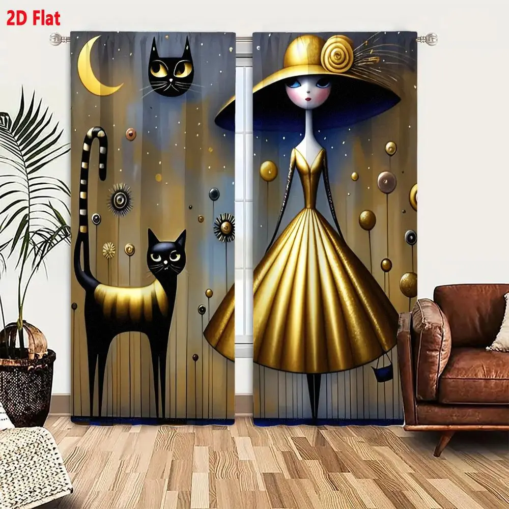 2Pcs Curtains 2D Flat Stylized Whimsical Illustration: Woman With Slender Neck Blue Eyes Pale Complexion In Gold Hat & Flared Dr