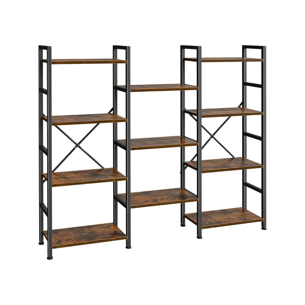 

Triple 4 Tier Bookshelf, Bookcase with 11 Open Display Shelves, Wide Book Shelf Book Case for Home & Office, Rustic Brown