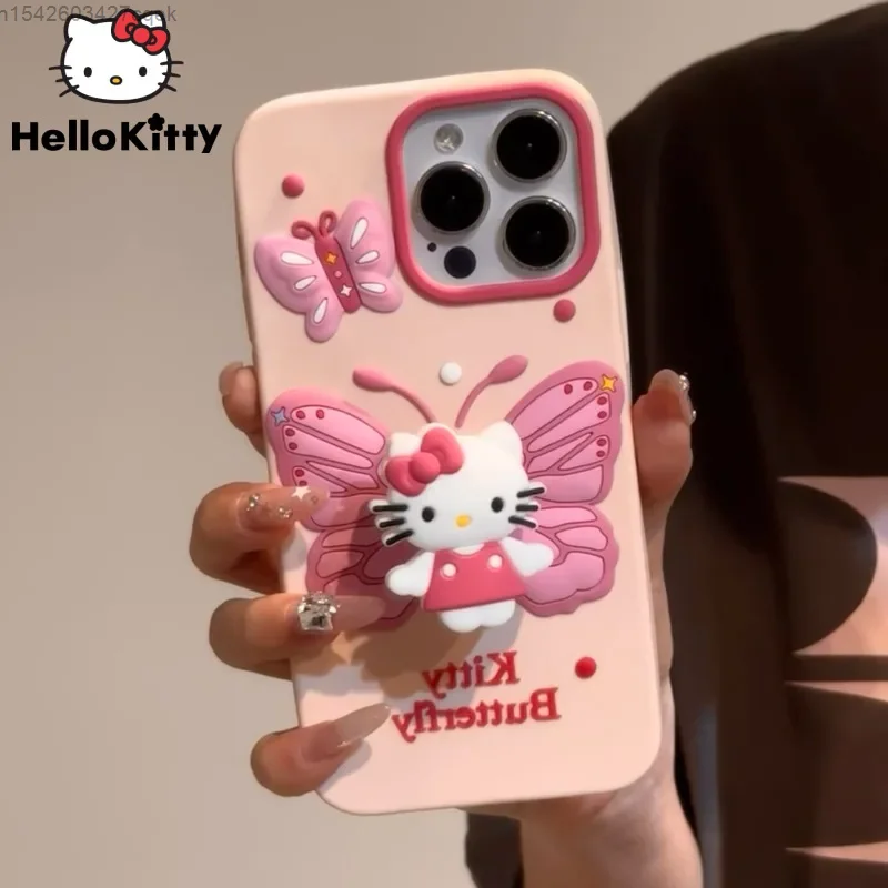 Sanrio Hello Kitty Butterfly Wings IPhone 15 14 Pro Max Apple 13 12 11 Silicone Cute Case Luxury Shockproof Cover With Holder