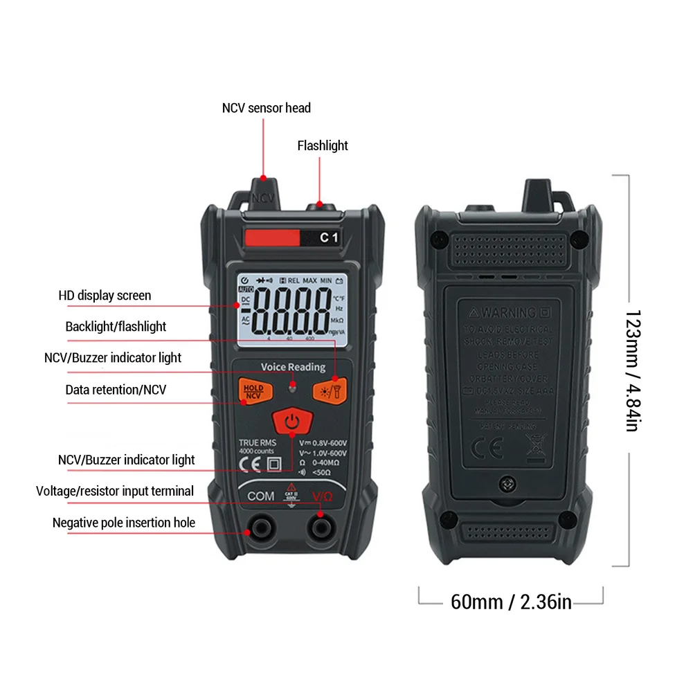 C1 Digital Multimeter 4000 Count True RMS AC DC Voltage Resistance Tester with NCV Function Backlit LCD and LED Illumination