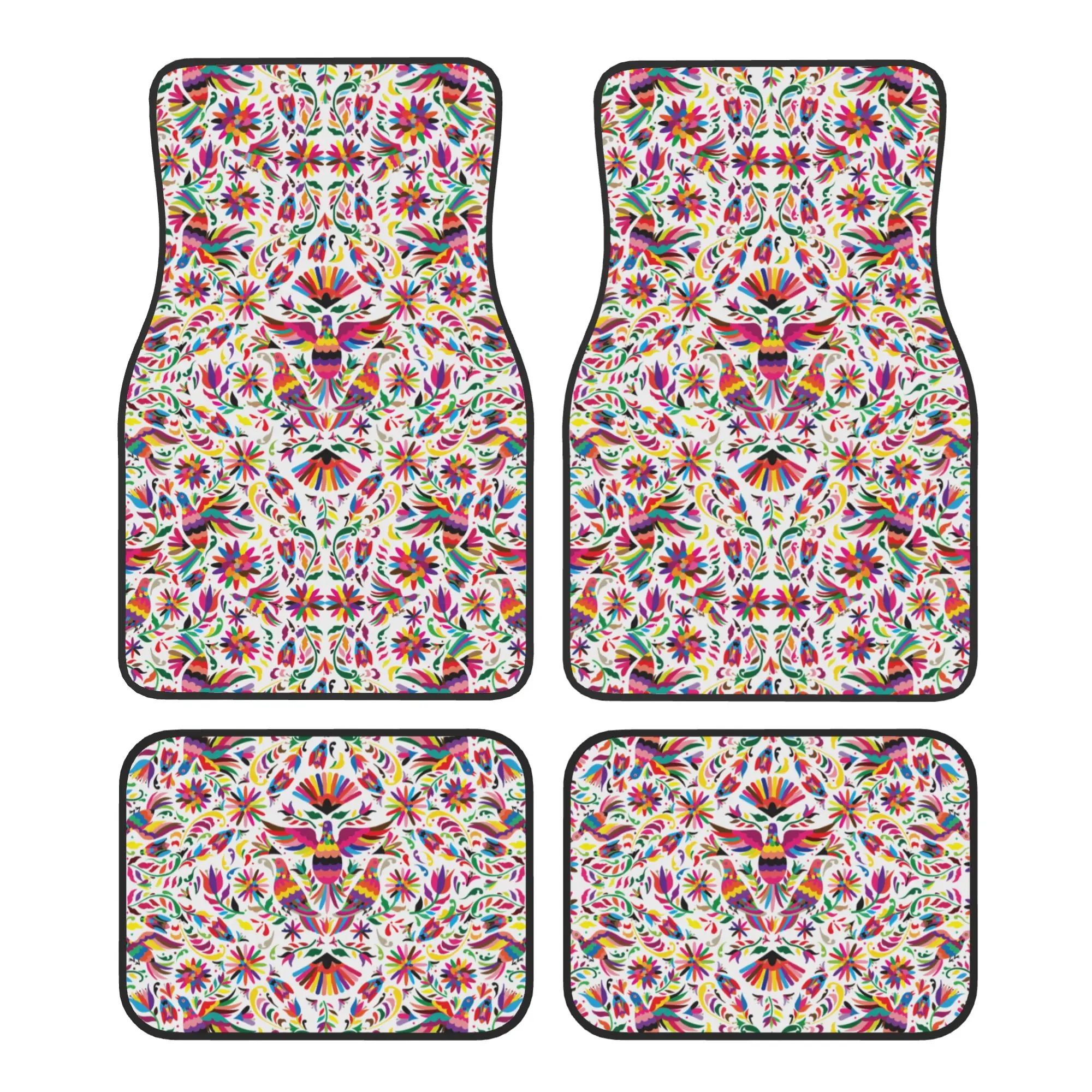 Alfombrillas para Auto, 4 Piezas, Terciopelo Cristal, Diseño de Pájaros Otomi y Flores Mexicanas, Universales, Delanteras y Traseras, Alfombras, Tapetes