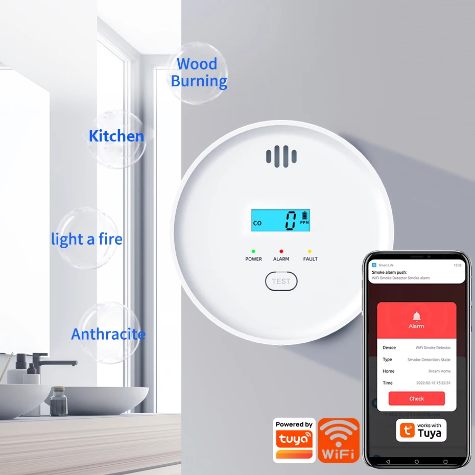 Tuya 3 Year Battery 2 in 1 WiFi Tuya Smart Carbon Monoxide Detector Alarm 85dB Sound Warning LCD Digital Display Home Indoor