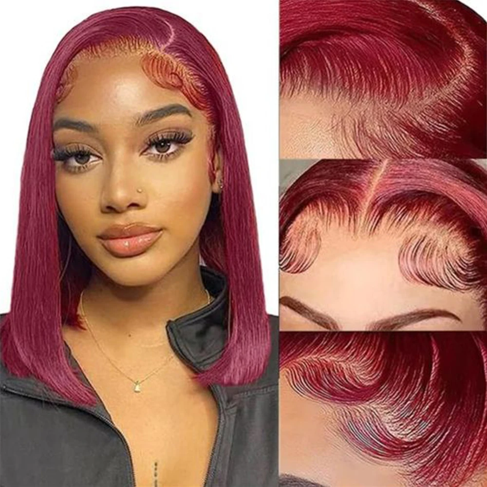 99J Bob Wig Human Hair Transparent Lace 13x4 Lace Front Free Part wig 99J Burgundy Bob Wig For Women 180% Density Pre Plucked