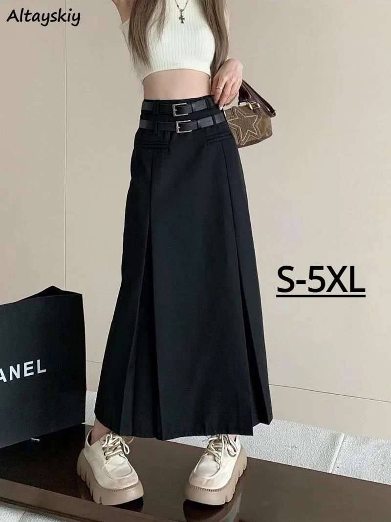 

High Waist Long Skirts Women Vintage Summer College A-line with Belt Streetwear Folds Design Gothic Falda Aesthetic