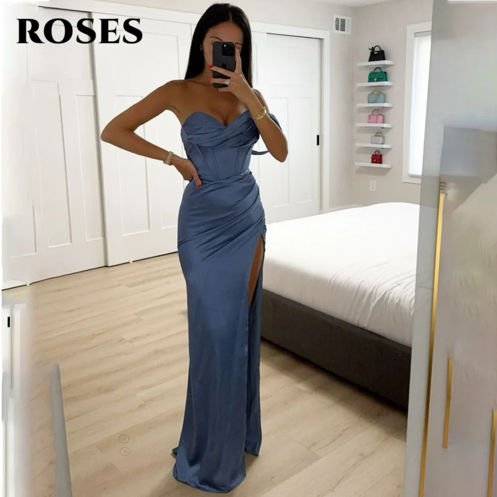 

ROSES Blue Elegant Prom Dress Sweetheart Backless Evening Gown with Fishbone Satin Pleating Side Split Formal Dresses Customized