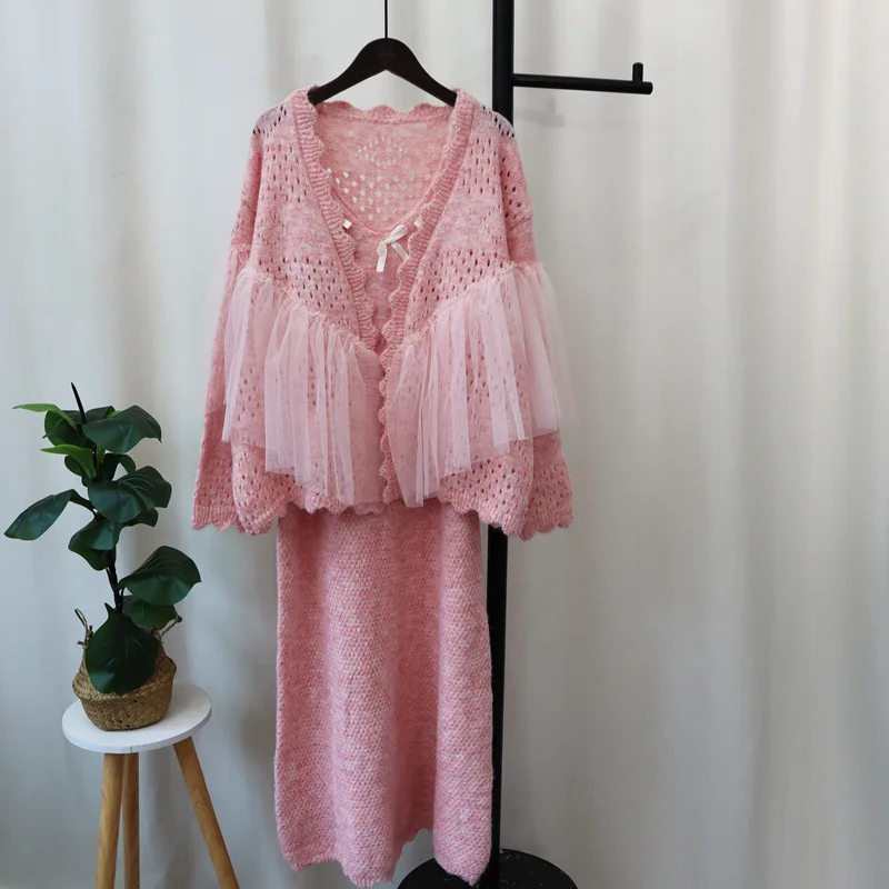 Women's  Sweet Loose Fit Cut-Out Mesh Paneled Knitted Cardigan Tank Dress 2-Piece Sweater Set  2026 Autumn Winter New Style
