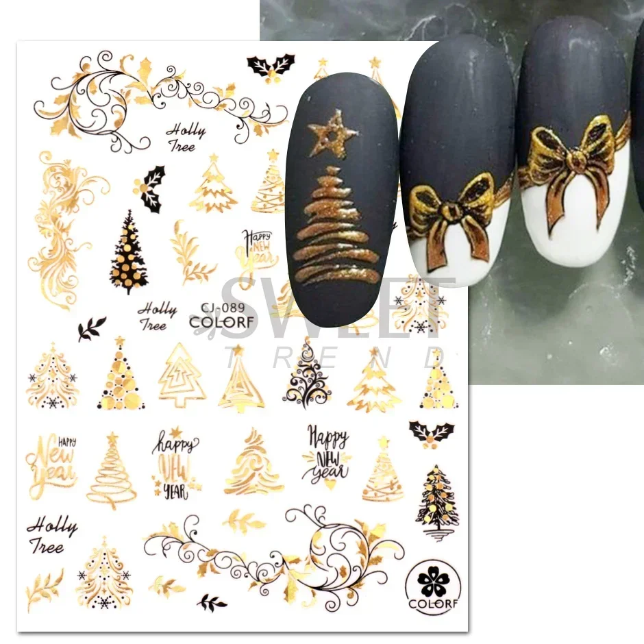 New Year Laser Nail Stickers Manicure 2023 Countdown Clock Sliders Black Gold Snowflake Cartoon Tree Christmas Decor Foils SACJ