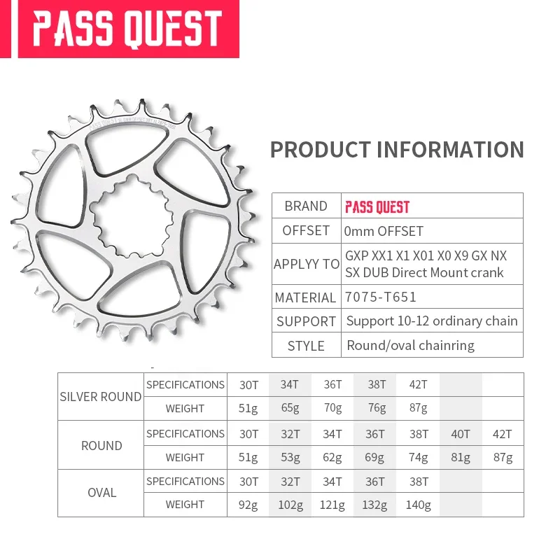 PASS QUEST 0mm Offset Chainring 28/30/32/34/36/38T Narrow Wide Chainring for SRAM GXP GX NX SX XX1 X0 X1 X01 X9 Eagle