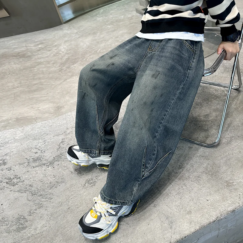 빈티지 블루 어린이 청바지, 캐주얼 하이 스트리트 데님 바지, 학교 어린이 패션, 스트레이트 컷 청바지, 십대