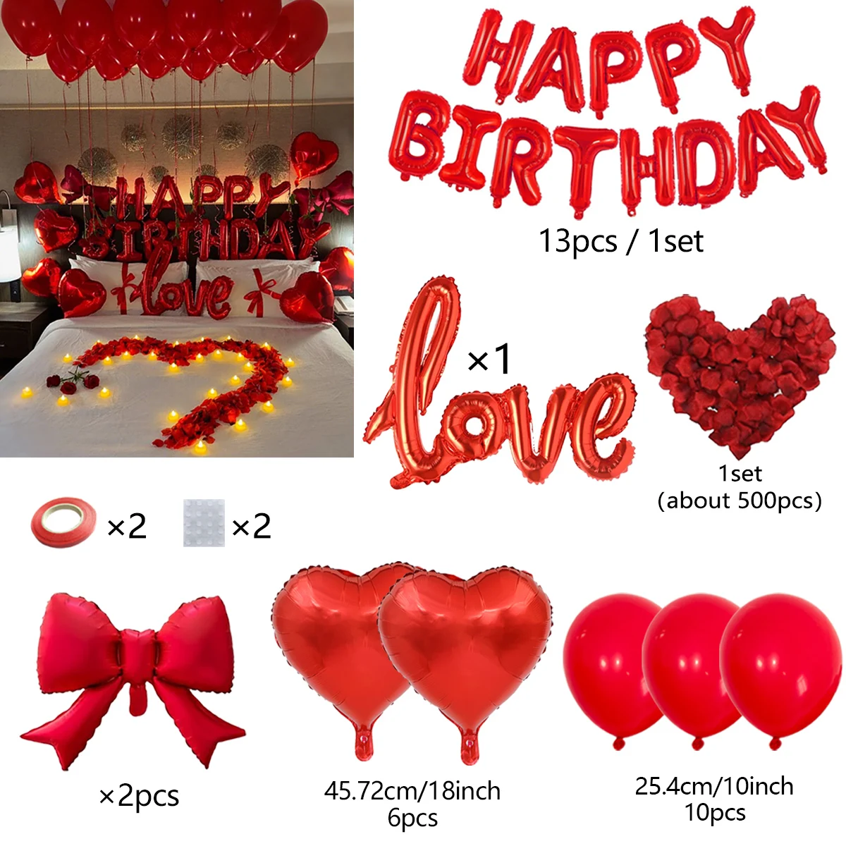 مجموعة بالونات عيد الميلاد الحمراء مع القوس، قلب الحب، بالون رقائق الألومنيوم، بتلات مقلدة لأعياد الميلاد وعيد الحب #3
