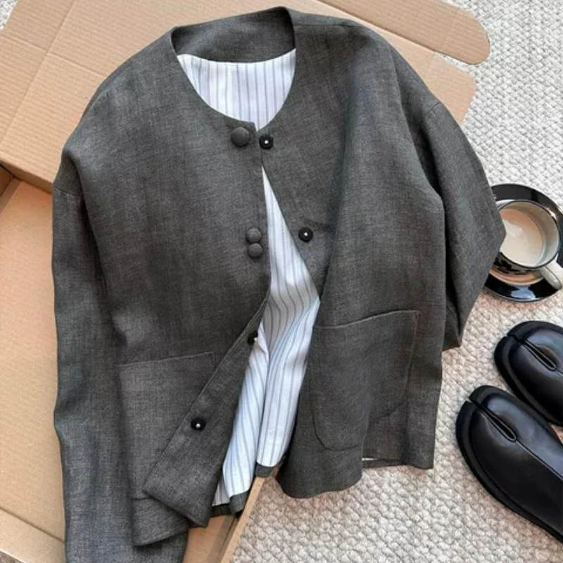 

Casual Grey Jacket for Women Autumn Simple High-end Long Sleeve Single Breasted Loose Coat Design Sense Pocket Female Tops