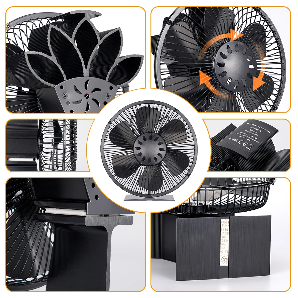 6 Blades Heat Powered Stove Fan With Cover Log Wood Burner Eco Quiet Large Air Volume Fireplace Fan Efficient Heat Distribution