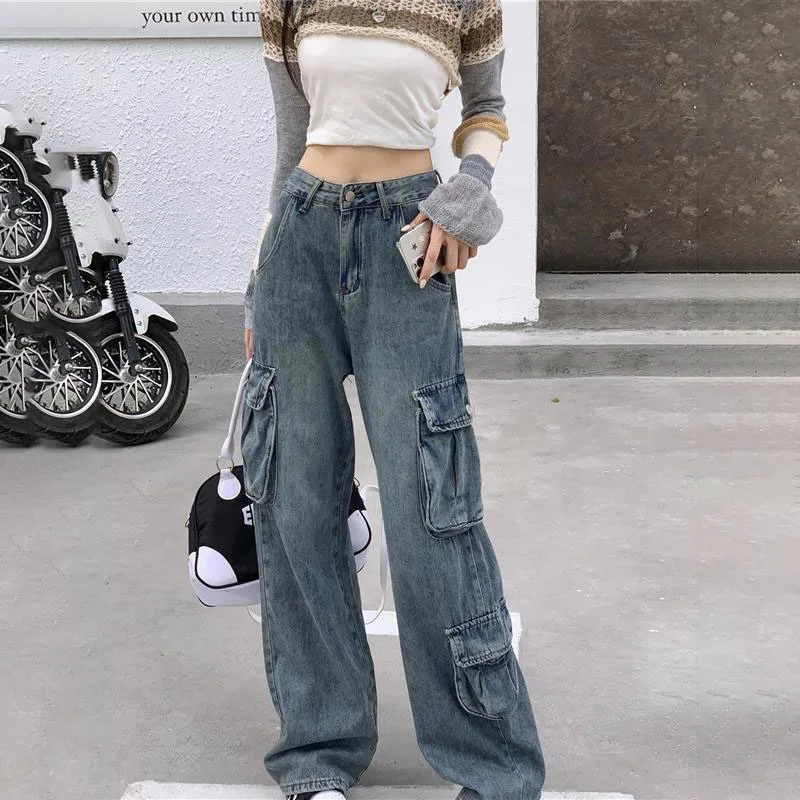 

New Women's High Street Work Jeans, Spring Summer High-waisted Straight-leg Jeans, Female Casual Denim Wide-leg Trousers Tide